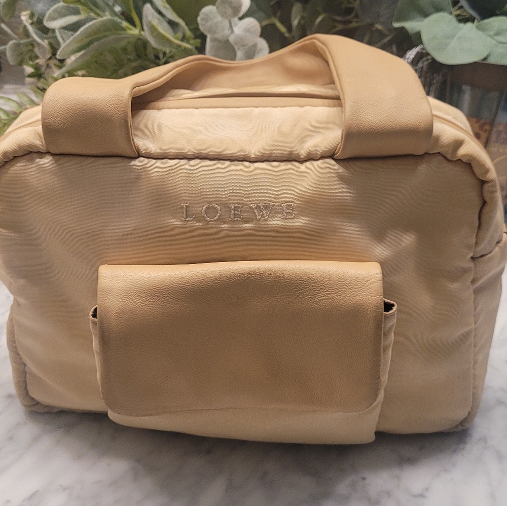EUC Loewe Lambskin Top Handle Puffy Nylon Bag – Tan/Cream
